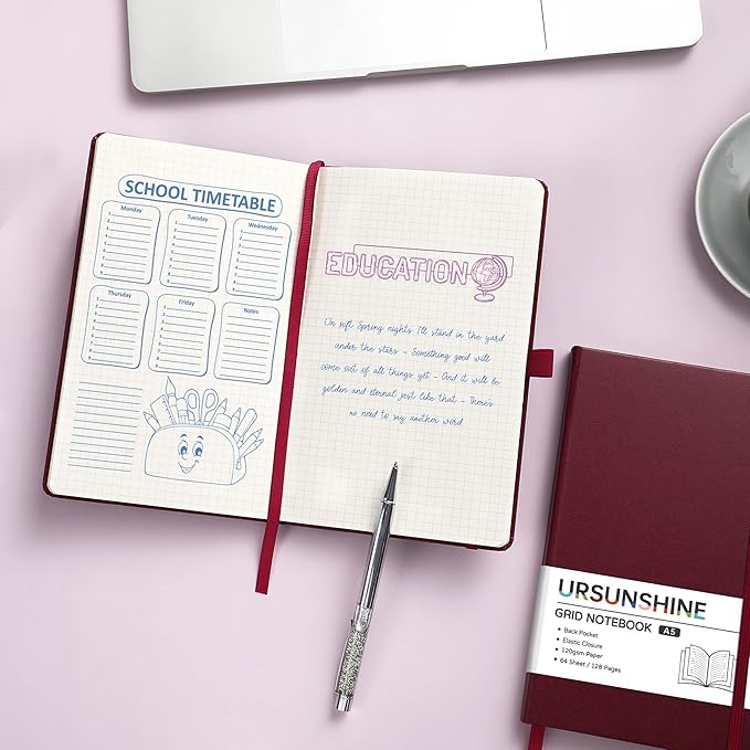 Graph Grid Paper Notebook/Journal - Classic Journal/Notebook with Ribbon Divider, Hardcover with Thick Paper, 5.3" x 8.26", Banded + Pen Holder +Inner Pocket - Burgundy
