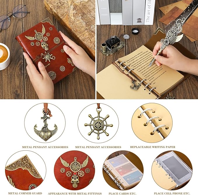 Feather Pen Ink Set With Quill Pen, Notebook, 5 Replaceable Nibs, Seal Stamp, Spoon, Wax Beads, White Wax, Ink, Holder Cup, Envelope, Letter Paper, Envelope Tool(grey)