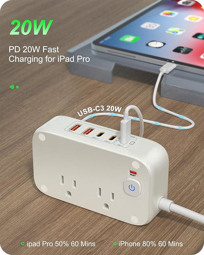 Flat Plug Power Strip, 20W USB C Power Strip with 2500W AC Outlects, 3 USB-C Ports, 2 USB-A Ports, 5FT Flat Extension Cord Outlet Extende Desk Charging Station for Home/Office/Travel Essentials
