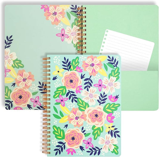 Steel Mill & Co Cute Green Mini Spiral Notebook, 8.25" x 6.25" Journal with Durable Hardcover and 160 Lined Pages, Mint Floral