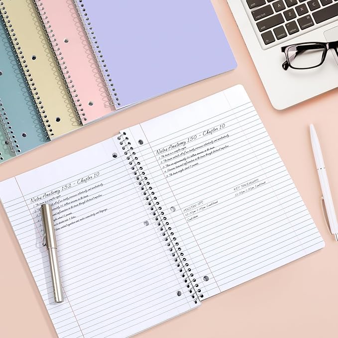 SUNEE Spiral Notebooks, 1-Subject, 5 Pack, College Ruled Paper, 8" x 10-1/2", 70 Sheets per Notebook,3-Hole Punched Paper, Pink,Purple, Blue, Green, Yellow Spiral Lined Notebooks for School,Work