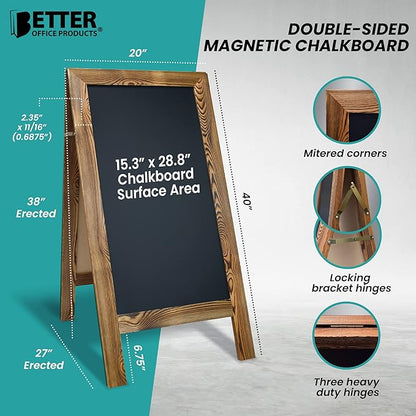 Better Office Products Magnetic A-Frame Chalkboard Sign, Extra Large 20" x 40", Standing Chalkboard Easel, Deluxe Set with Multiple Accessories, Outdoor Sidewalk Sandwich Board Sign,(Rustic Brown)