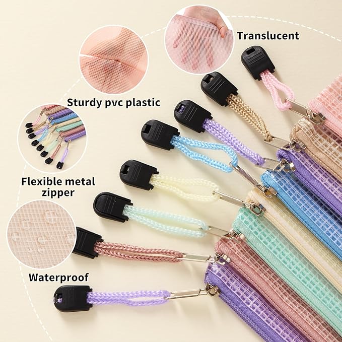 EOOUT 14pcs Mesh Zipper Pouch, 8 Sizes Waterproof Zipper Bags, 7 Colors Waterproof Plastic Document Pouch, Multipurpose for Travel Storage, Office Appliances, Home Organize