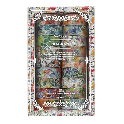 18 Rolls Blossom Washi Tape Set Floral Arts Adhesive Tapes Flowers Garden Decorative Masking Tape Set for Craft, Kids, Scrapbook, DIY, Gift Wrapping (Pastel Charm)