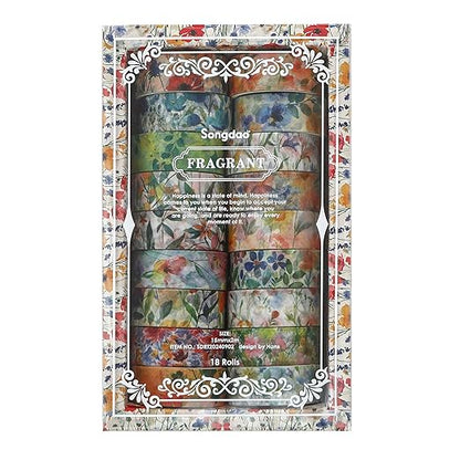 18 Rolls Blossom Washi Tape Set Floral Arts Adhesive Tapes Flowers Garden Decorative Masking Tape Set for Craft, Kids, Scrapbook, DIY, Gift Wrapping (Pastel Charm)