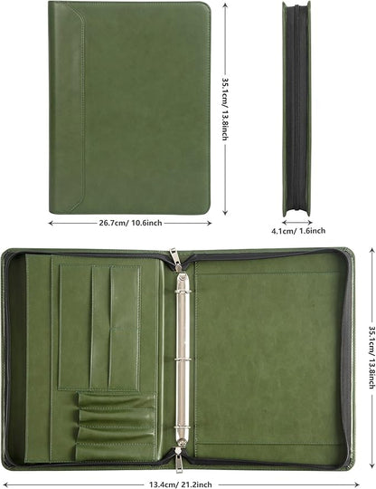 Free Engraved Name, 3 Ring Binder Padfolio, Vegan Leather Portfolio with a4 Clipboard, 3 Ring Padfolio A4 Organizer, Resume Planner, Green, Gift for Men/Women,Customized