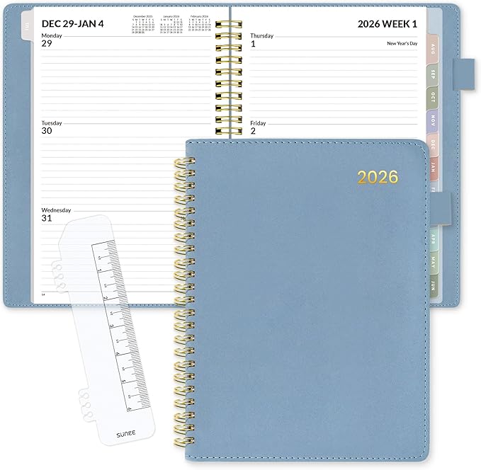 SUNEE 2026 Weekly & Monthly Planner 6.4"x8.5"- 12 Month (January 2026 - December 2026), Vegan Leather Cover, Pocket, Bookmark, Notes, Monthly Tab, Gray Blue
