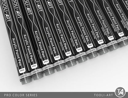 Acrylic Paint Pens 22 Gray Tones Assorted Pro Color Series Markers Set 0.7mm Extra Fine Tip for Rock Painting, Glass, Mugs, Wood, Metal, Canvas, Projects, Non Toxic, Waterbased, Quick Drying