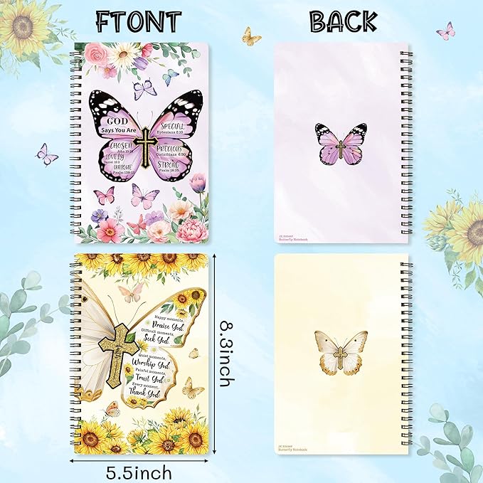 2Pack A5 Floral Cross Butterfly Religious Spiral Notebooks - God Says You Are Bible Verse Ruled Hardbound Journal Writing Hardcover Notebooks Christian Christmas Gift Sunday School Supplies
