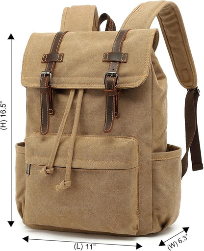 HuaChen Vintage Canvas Backpack, Mens Travel Rucksack for Laptop Hiking Bag (M83_Khaki)