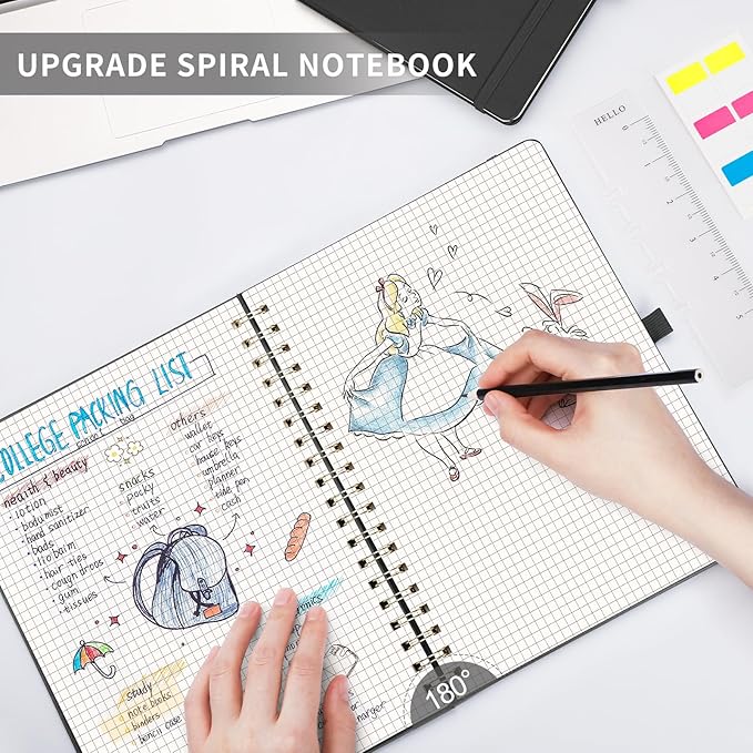 AHGXG Graph Paper Notebook - Spiral Notebook Hardcover Leather Journal 140 Pages, B5 Large Grid Notebook 7.6" x 10", 100 gsm Thick Paper, for School Writing Graphing Engineering Math, Black