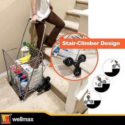 Wellmax 2-Pack Shopping Utility Cart with Stair Climber, Collapsible Folding Cart for Grocery, X-Large and Large (Black and Silver)