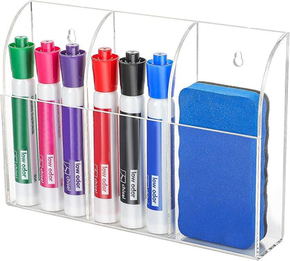 MaxGear Wall Marker Holder, 3 Compartments Desk Acrylic Organizer for Remotes, Pens, Makeup, Markers, Clear Remote Control Holder for Whiteboard Accessories-7.8'' x 1.6'' x 5.5''