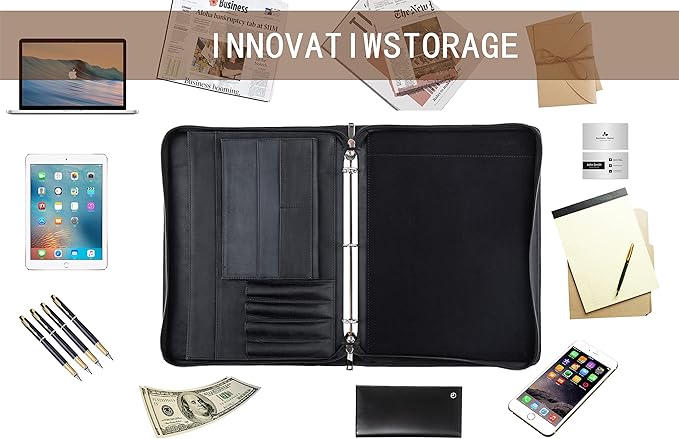 Free Engraved Name, Custom Portfolio, Genuine Leather Personalized Padfolio for Men, Engraved 3 Ring Binder Organizer, Business Portfolio with A4 Writing Pad, Handmade Customized Gifts, Black