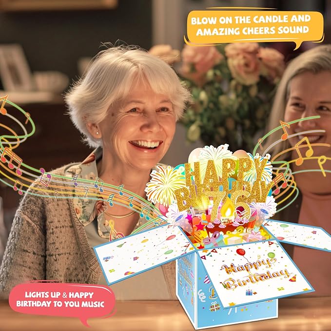 Tnvee 76TH Birthday Cards with Lights & Music & Candle, 3D Large Pop Up Happy Birthday Cards for Women Man Greeting Cards Decorations for 76 Years Old Mom Dad Grandparents