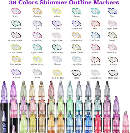 Muchcute Shimmer Markers Outline Glitter Gel Pens: 36 Stocking Stuffers Tween Teen Girl Gifts Trendy Stuff Cute Things Arts Crafts Supplies Kids Ages 4 5 6 7 8 9 10 12 14 16 18 Year Old Present Ideas
