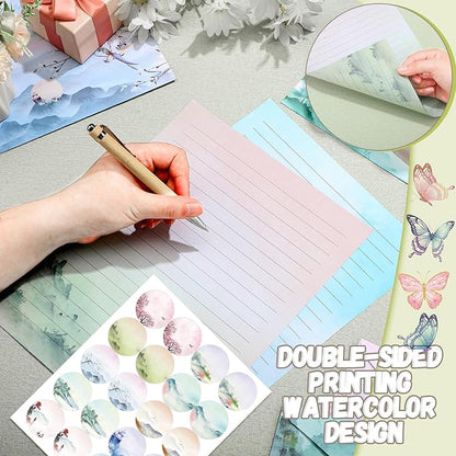 TaoBary 160 Packs Stationery Paper Set (50 Double Sided Stationery Writing Papers 50 Matching Envelopes) 60 Round Dot Sticker, 10 Design(Ink Painting,8.5 x 11 Inch)