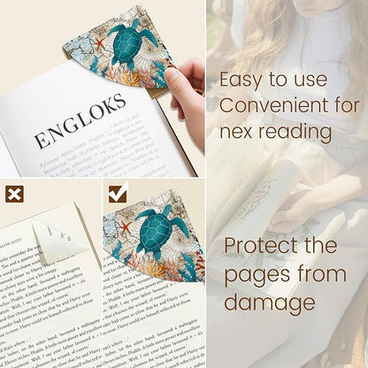 Cute Sea Turtle Corner Bookmarks, Funny Leather Book Accessories for Book Lovers, 3 Pcs Reading Book Page Markers for Women Men Student Teacher Girls Boys Kids Retirement Birthday Gifts