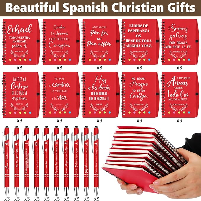60 Pcs Spanish Christian Gifts Bulk Religious Notebooks with Bible Verse Pens,inspirational Spiral Prayer Journal and Pen Set Church Gifts for Women Men Sunday Church Party Favors (Red)