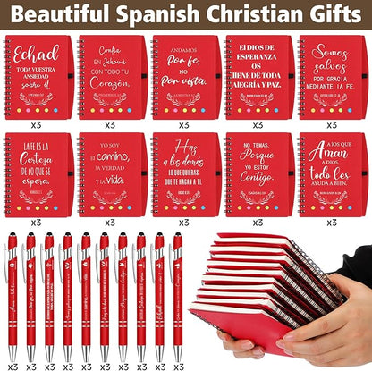 60 Pcs Spanish Christian Gifts Bulk Religious Notebooks with Bible Verse Pens,inspirational Spiral Prayer Journal and Pen Set Church Gifts for Women Men Sunday Church Party Favors (Red)