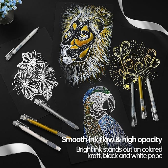 0.8mm Extra Fine Point 3 Colors Gel Pen Set White,Gold and Silver Gel Ink Pens for Artists, White Gel Pen, White Ink Pen, White Pens for Artists Drawing