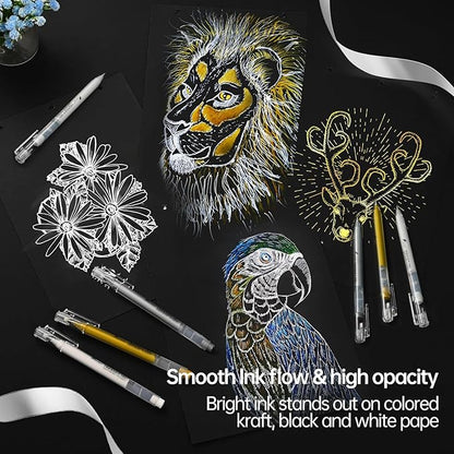 0.8mm Extra Fine Point 3 Colors Gel Pen Set White,Gold and Silver Gel Ink Pens for Artists, White Gel Pen, White Ink Pen, White Pens for Artists Drawing
