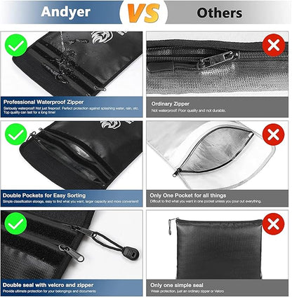 Upgraded Two Pockets Fireproof Document Bag (2000℉), andyer 15”x 11”Waterproof Fireproof Money Bag with Zipper, Waterproof Holder Pouch Fire Safe Envelope for Valuables, Legal Documents (Jet Black)