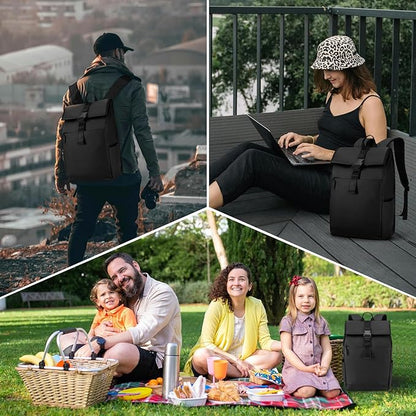 Roll Top Backpack -Lightweight, Water-Resistant, Expandable Casual Daypack for 13-16 Inch Laptop-Ideal for Work,City Commute,Campus -Adjustable Capacity 17-20L-Black