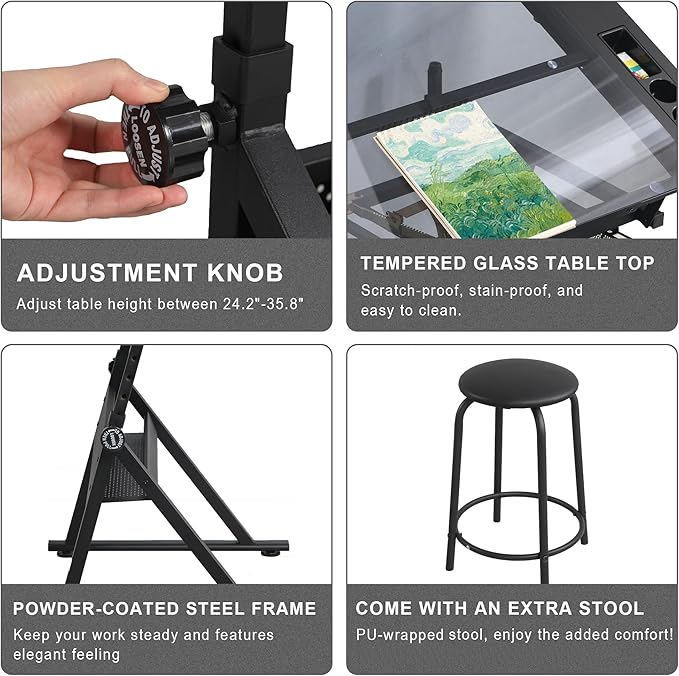 LifeSky Drafting Table Adjustable for Artists - Art Drawing Desk with Storage for Painting Sketching - Glass Top for Painters Illustrators Cartoonists Black