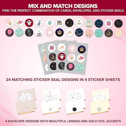 Decorably 24 Pack Foiled and Glittery Assorted 6x4in Box of Birthday Cards with Envelopes and Stickers, 24 Unique Designs Birthday Card Pack with Printed Message Inside