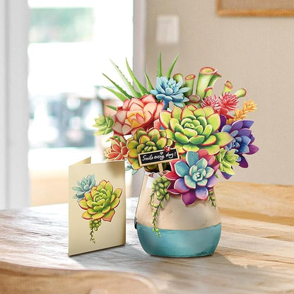 Pop Up Flowers Cards, Paper Flowers Bouquet 3D Popup Greeting Cards with Blank Note Card and Envelope for Birthday, Easter Cards, Anniversary, for Women Lover,12'' Succulent Planters