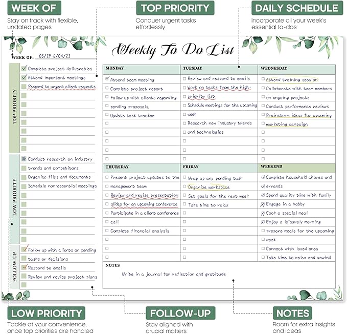 Weekly To Do List Notepad with 52 Tear Off Sheets（8.5"×11"）- Undated Weekly Desk Planner for Women & Man,Work and Home-Serene Green