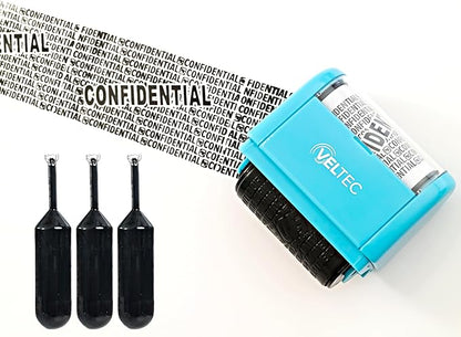 Veltec ID Protector Ink Roller - Identity Theft Protection Roller Stamp Set (Blue, Stamp+3 Refills)