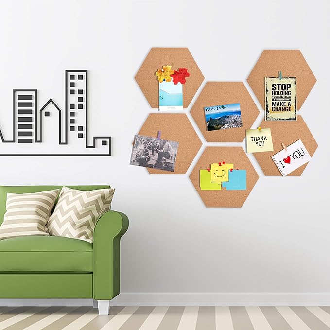 SUNGIFT Hexagon Cork Board Tiles Self Adhesive 6 Pack - 1/2" Thick Corkboards for Wall 12" x 10.2" Memo Boards Pin Board Decorative Bulletin Board for Office Home Kitchen - 50 Multi-Color Push Pins