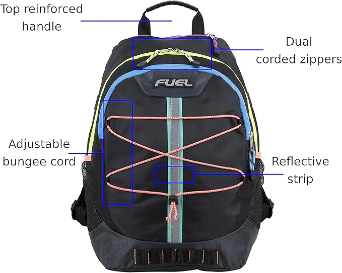 FUEL Hiking Backpack for Women Men Terra Sport, Travel, College, Gym, Work with Laptop Sleeve, Bungee, 18 Inches, Rainbow Black