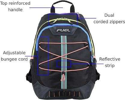 FUEL Hiking Backpack for Women Men Terra Sport, Travel, College, Gym, Work with Laptop Sleeve, Bungee, 18 Inches, Rainbow Black
