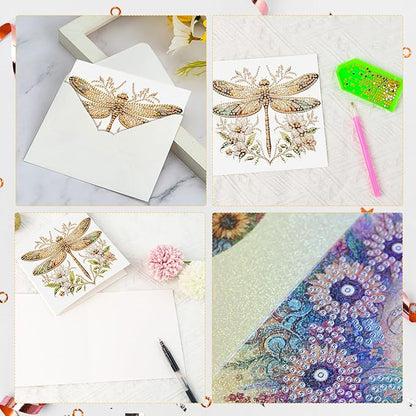 Tontut 6pcs Diamond Art Painting Kit Greeting Card, Colourful Dragonfly 5D DIY Diamond Handmade Holiday Glitter Greeting Card with Envelope, Holiday Gift Congratulation