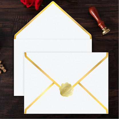 60 Pack Gold Envelopes 5x7 Lvory White, 250G Pearled Cardstock A7 Envelopes for Invitations Business Mailing Envelope with Gold Foil Border, A6 4x6 Envelopes for Wedding Baby Shower Cards