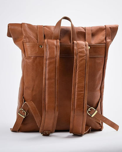Genuine Leather Backpack for Men - 17.3 Inch Laptop - Designer Roll-top bookbag - Vintage Fashion rucksack back pack for work & travel, X-Large Tan (Brown)