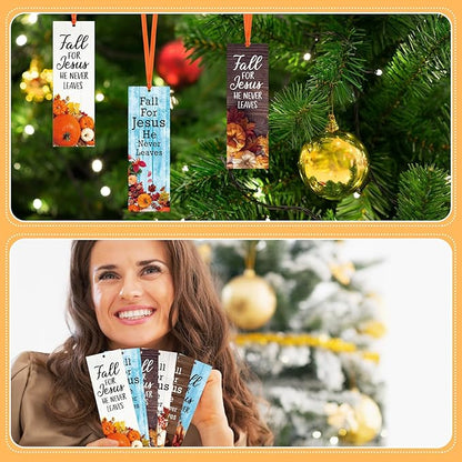 60 Pcs Fall for Jesus He Never Leaves Bookmark Religious Christian Bookmarks Autumn Thanksgiving Exchange Gifts for Church Home Party Favors