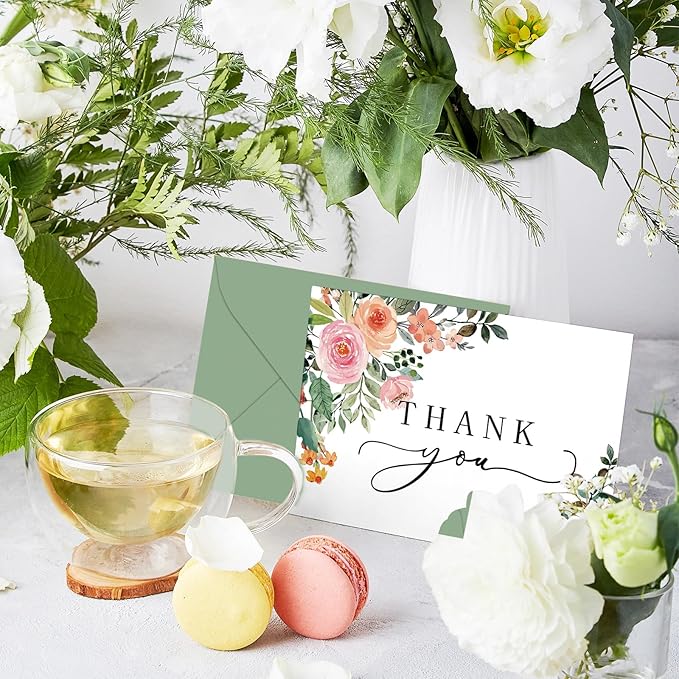 Whaline 50 Pack Floral Thank You Cards Boxed Watercolor Flower with Green Leaves Blank Note Cards with Envelopes Stickers Greeting Cards for Spring Wedding Birthday