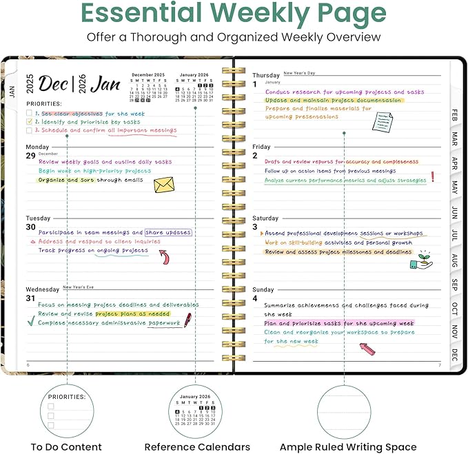 2026 Planner, Weekly and Monthly Planner for Women, January 2026 to December 2026, Pretty Hardcover 2026 Calendar Planner Book with Tabs, Inner Pocket, Spiral Bound, Perfect Office Home School Supplies - 6.3" x 8.5", Forest Botanica