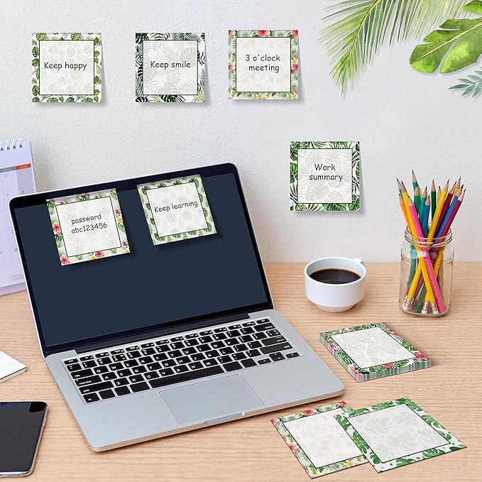 9 Pieces Palm Leaf Sticky Notes 3x3 Inch Adhesive Summer Hawaiian Tropical Palm Leaf Memo Notes Self-Stick Note Pads for School Office Home Supplies Students Teachers Presents