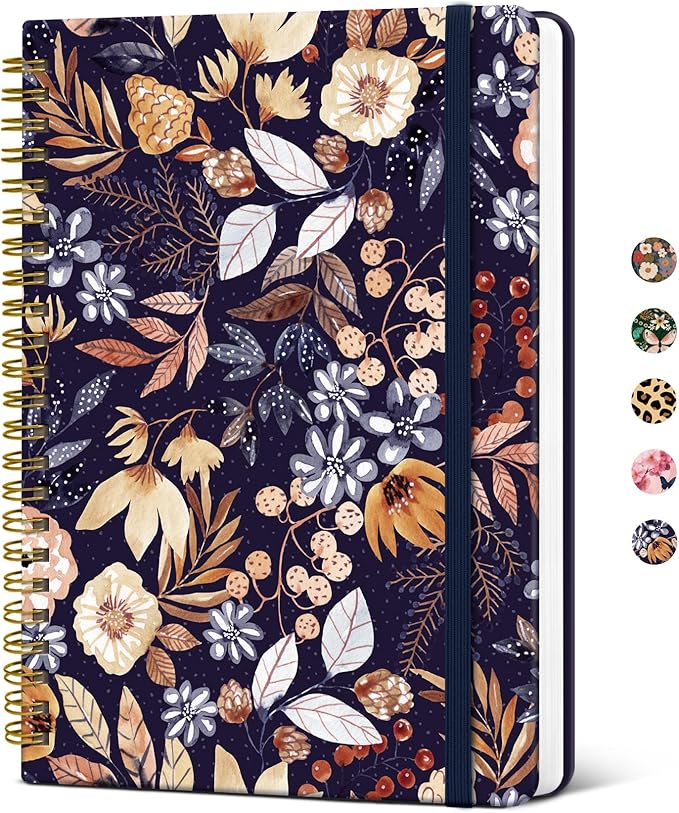 Lined Spiral Journal Notebook for Women, Pretty A5 College Ruled Hardcover Notebook for Work & Note Taking, Cute Aesthetic Journal for Writing, 140 Pages, Rustic Florals