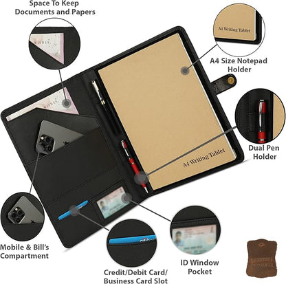 TheAntiq Leather Portfolio Organizer - Professional Business Padfolio for Men & Women, Stylish Resume Folder, A4/Letter Size Document Holder, Legal Pad Folio, Executive Black Leather Business Folder