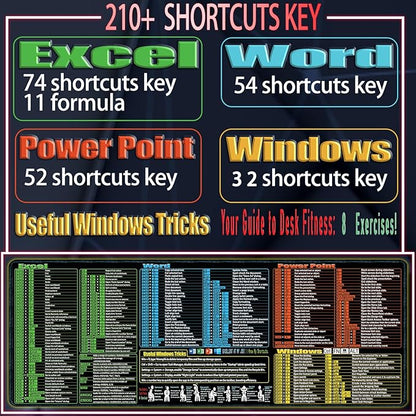 Excel/Word/Power Point/Windows Mouse pad,Non-Slip&Waterproof Large Gaming Office pc Desk mat(XL 31.5 x 11.8 in),Over 200 Keyboard Shortcuts Mousepad
