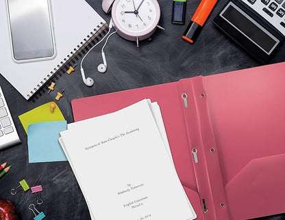 Better Office Products Pink Plastic 2 Pocket Folders with Prongs, Heavyweight, Letter Size Poly Folders, 24 Pack, with 3 Metal Prongs Fastener Clips, Pink