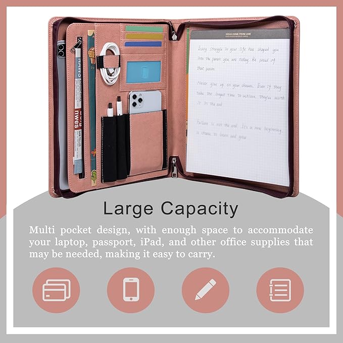 Business Vegan Leather Folder with Clipboards, Portfolio Binder Organizer, Business Portfolio for Men/Women, Zipper Portfolio Notebook, Binder with clipboard, Personalized Gift for Friends, Pink