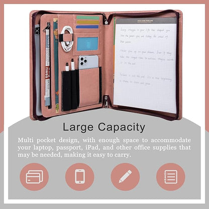 Business Vegan Leather Folder with Clipboards, Portfolio Binder Organizer, Business Portfolio for Men/Women, Zipper Portfolio Notebook, Binder with clipboard, Personalized Gift for Friends, Pink