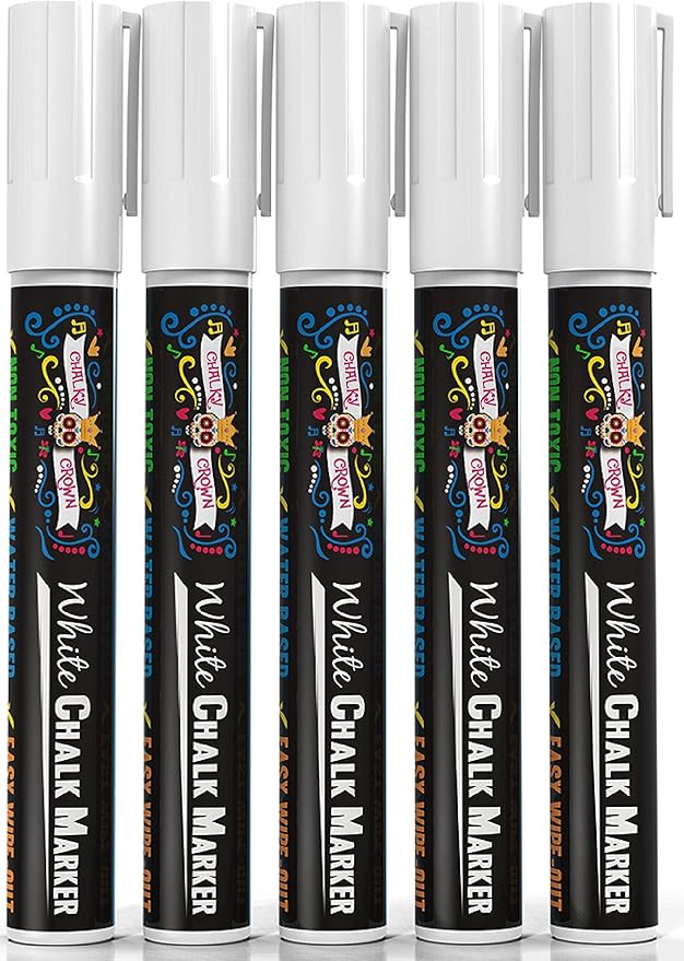 CHALKY CROWN Liquid Chalk Marker Pen - White Drawing Chalk - Chalkboard Markers for Chalkboard Signs, Windows, Blackboard, Glass - 6mm Reversible Tip (5 Pack)